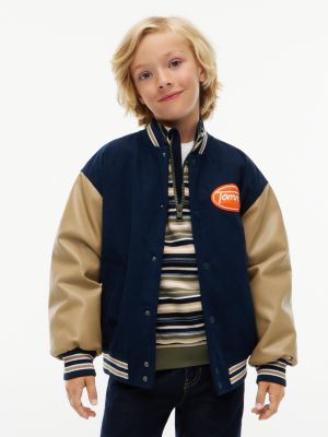 blue back logo mixed texture corduroy bomber jacket for boys tommy hilfiger