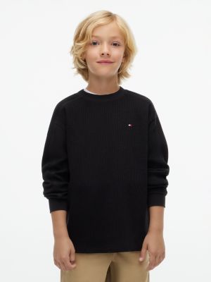 black sweter o wafelkowym splocie z okrągłym dekoltem dla chłopcy - tommy hilfiger