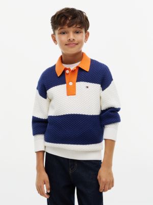 blue textured knit rugby jumper for boys tommy hilfiger