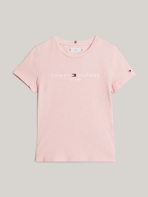 t-shirt slim fit con logo rosa da bambine tommy hilfiger