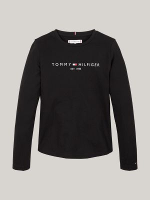 t-shirt slim fit a maniche lunghe con logo nero da bambine tommy hilfiger