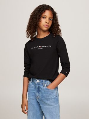 t-shirt ajusté à manches longues et logo noir pour filles tommy hilfiger