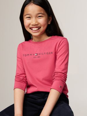 t-shirt ajusté à manches longues et logo rose pour filles tommy hilfiger