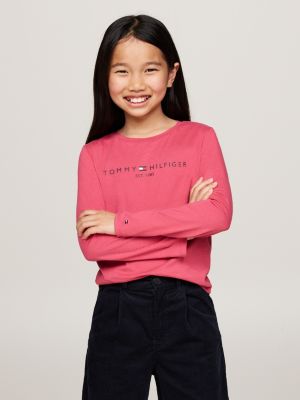 t-shirt ajusté à manches longues et logo rose pour filles tommy hilfiger