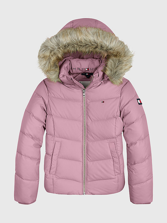 pink essential down flag patch jacket for girls tommy hilfiger