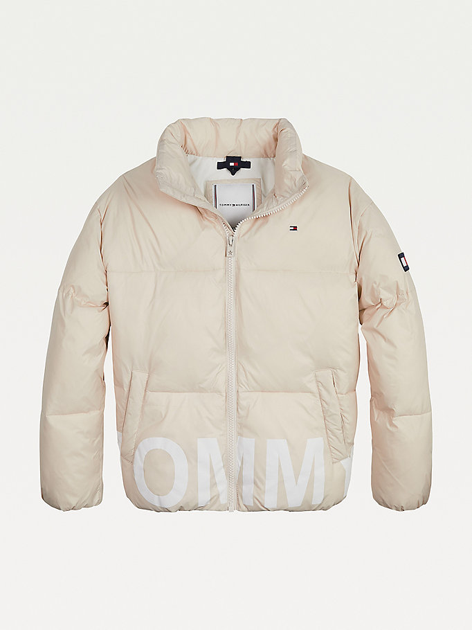 beige tonal logo puffer jacket for girls tommy hilfiger