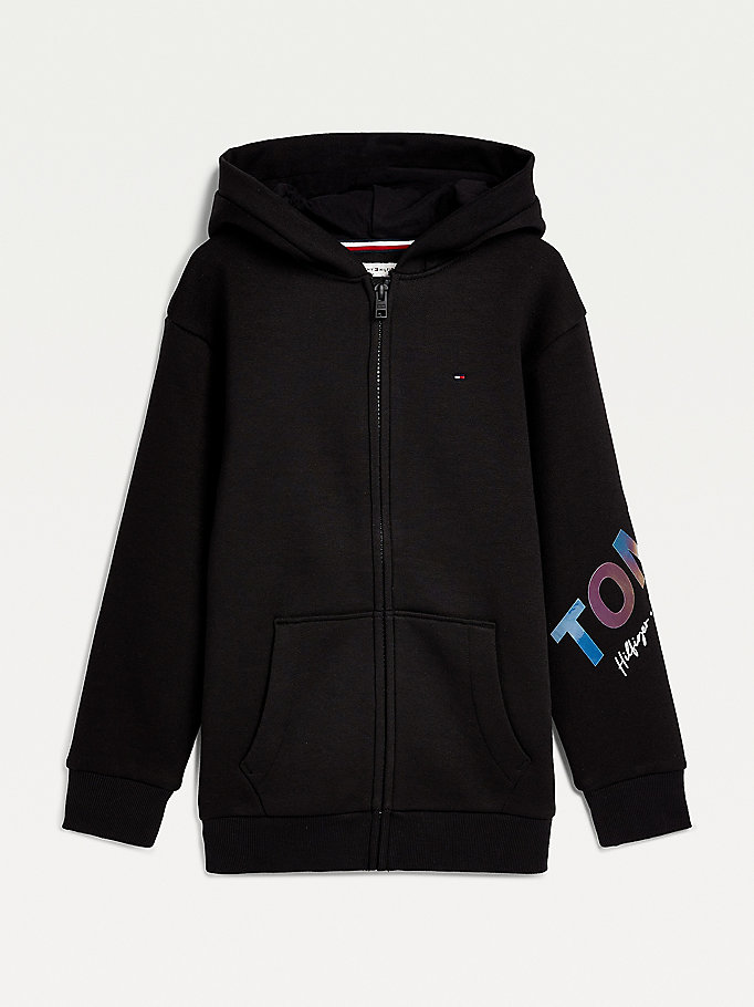 zwart hoodie met rits en metallic logo voor girls - tommy hilfiger