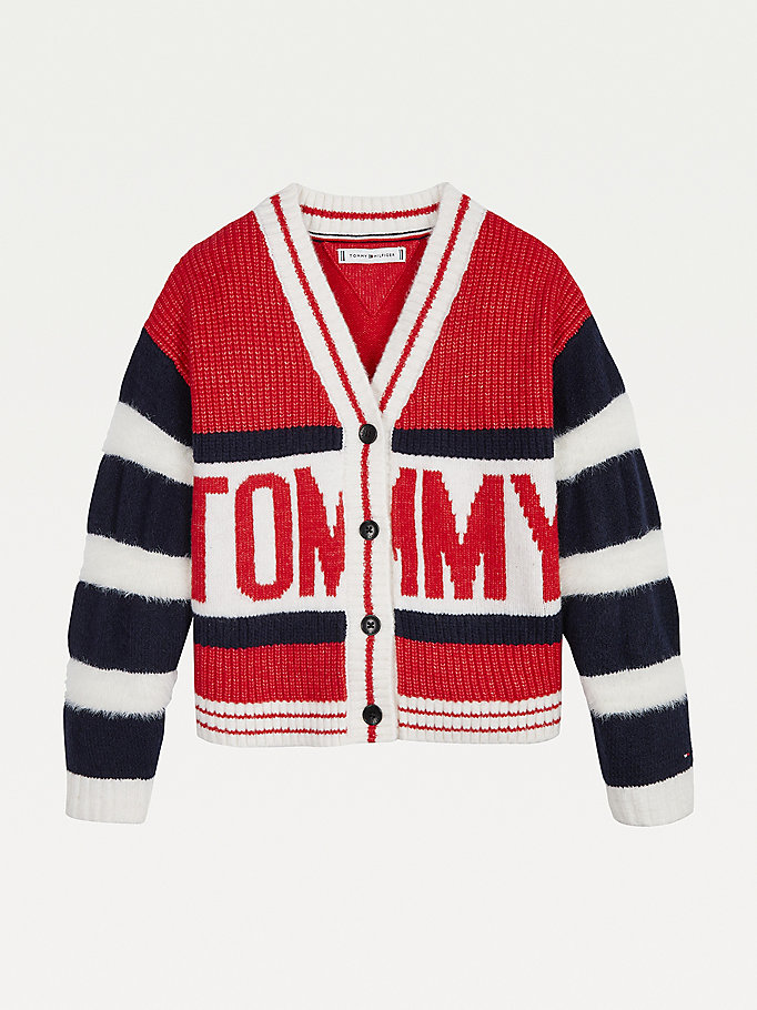 red bold logo textured knit cardigan for girls tommy hilfiger