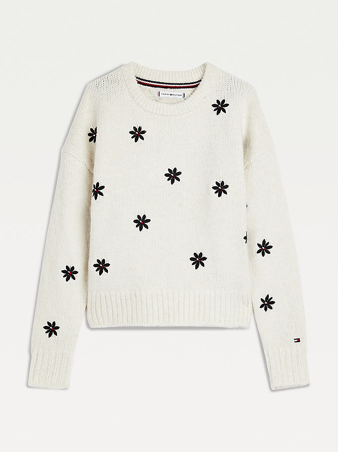 white flower embroidery crew neck jumper for girls tommy hilfiger