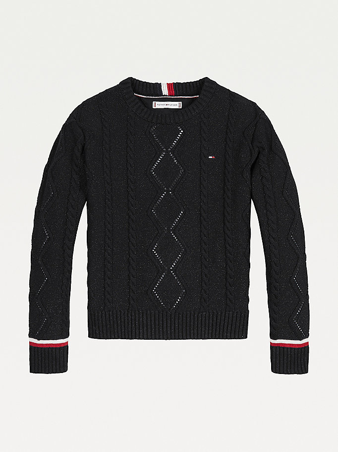 black essential cable knit jumper for girls tommy hilfiger