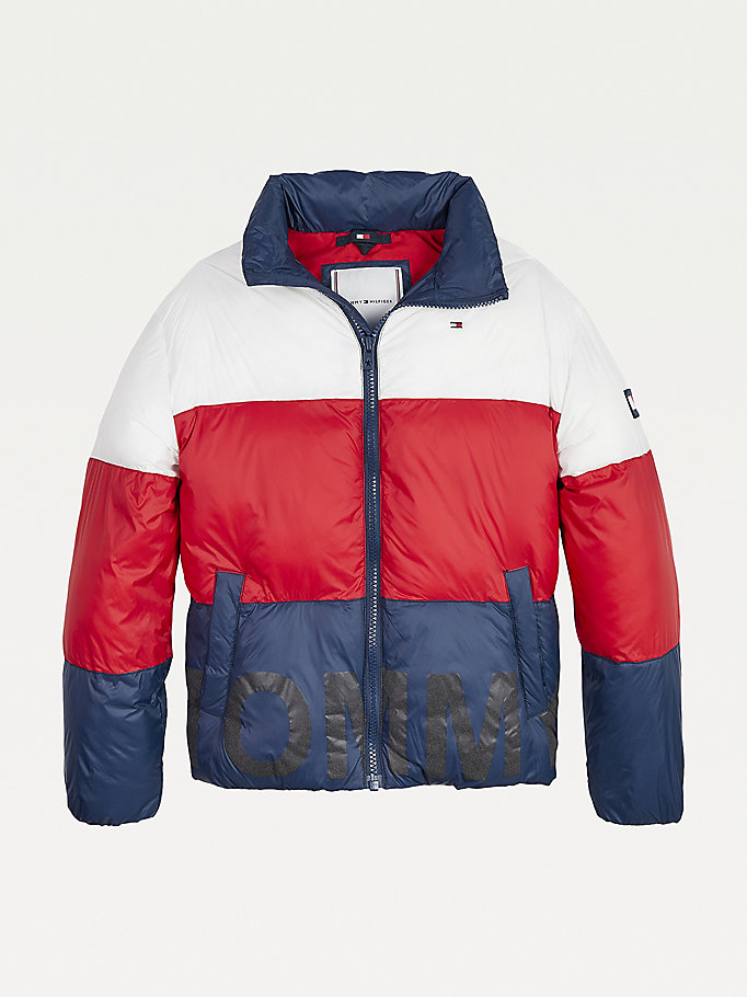 blue colour-blocked down puffer jacket for girls tommy hilfiger