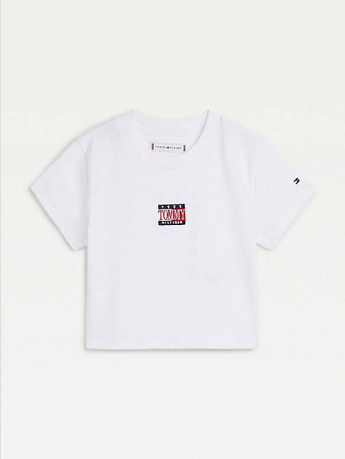 white organic cotton ribbed crop t-shirt for girls tommy hilfiger