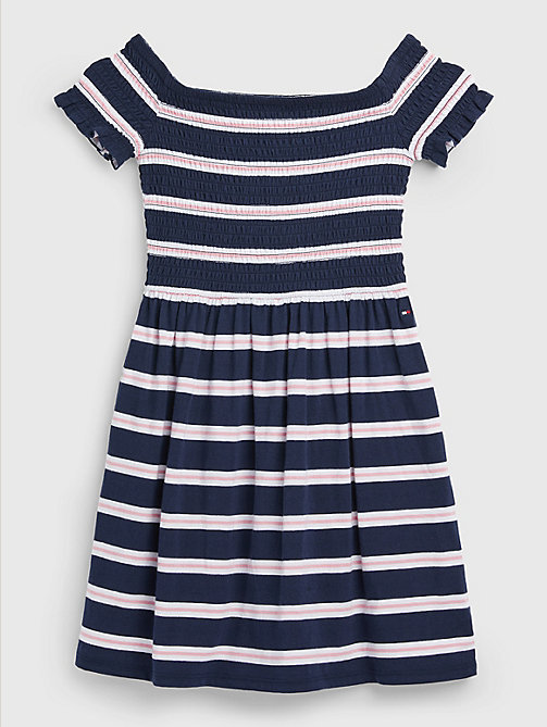 blue smocked stripe fit & flare dress for girls tommy hilfiger