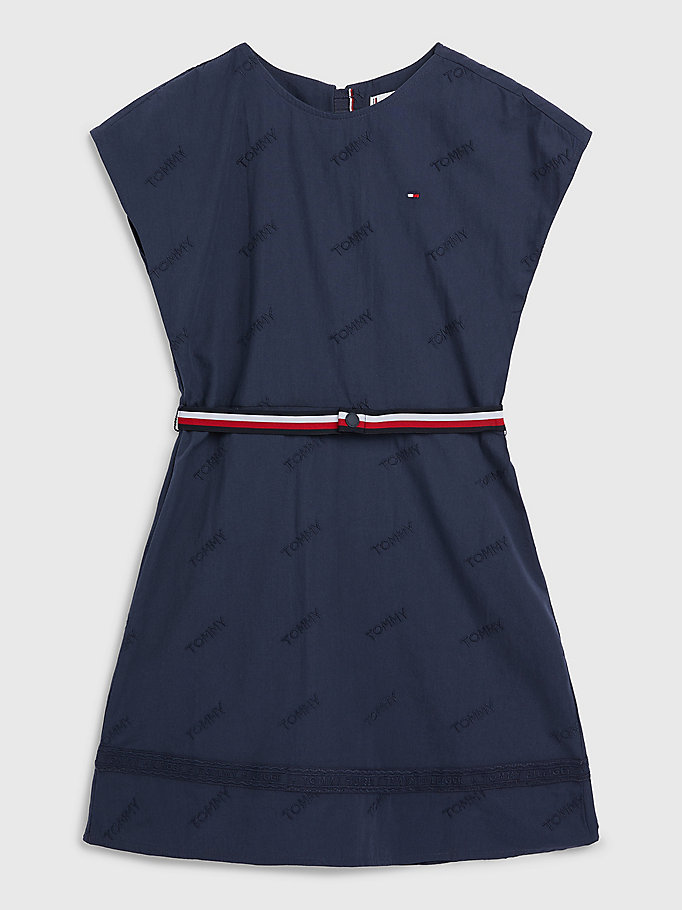 blauw fit and flare jurk met geborduurd logo voor meisjes - tommy hilfiger
