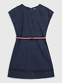 blue logo embroidery fit & flare dress for girls tommy hilfiger