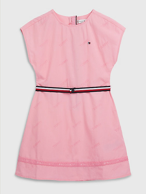 pink logo embroidery fit & flare dress for girls tommy hilfiger