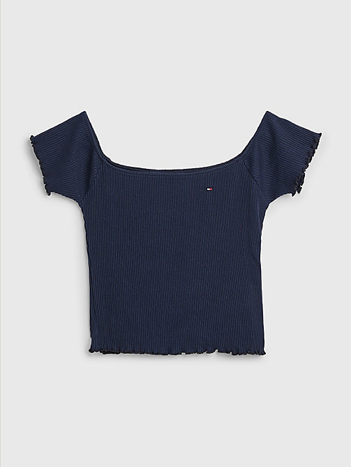 t-shirt in maglia a coste con spalle scoperte blu da girls tommy hilfiger