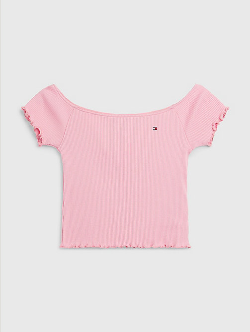 t-shirt in maglia a coste con spalle scoperte rosa da girls tommy hilfiger