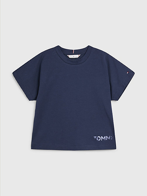 t-shirt en coton bio à logo métallisé bleu pour girls tommy hilfiger