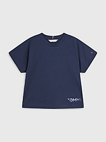 blauw biologisch katoenen t-shirt met metallic logo voor girls - tommy hilfiger