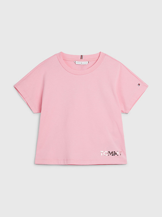pink metallic logo organic cotton t-shirt for girls tommy hilfiger