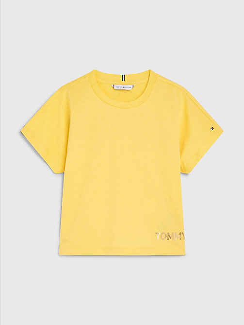 żółty bawełniany t-shirt z metalicznym logo dla girls - tommy hilfiger