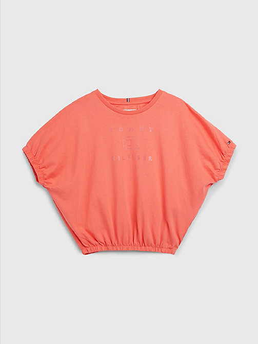 orange metallic logo elasticated waist t-shirt for girls tommy hilfiger
