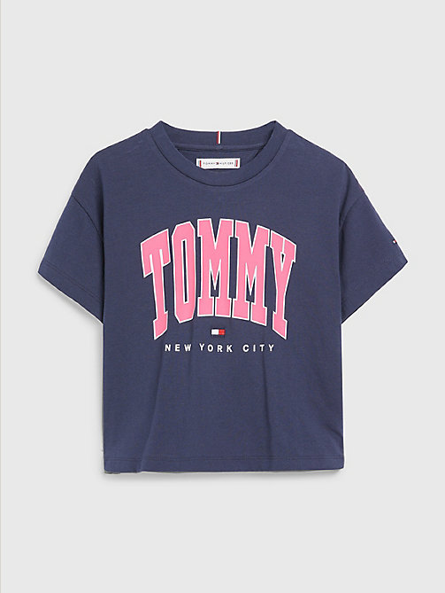 t-shirt college con logo a contrasto blu da girls tommy hilfiger