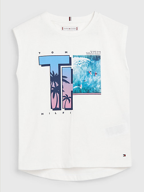 t-shirt sans manches à imprimé photo de plage blanc pour girls tommy hilfiger
