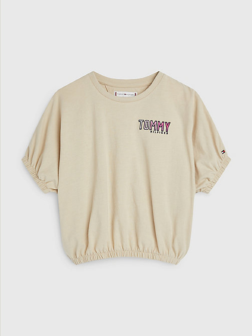 beige logo embroidery puff sleeve t-shirt for girls tommy hilfiger
