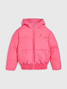 pink logo hood puffer jacket for girls tommy hilfiger