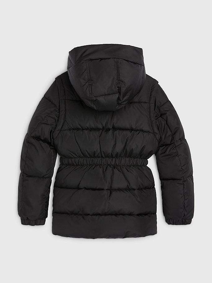 black hooded zip-off sleeve puffer jacket for girls tommy hilfiger