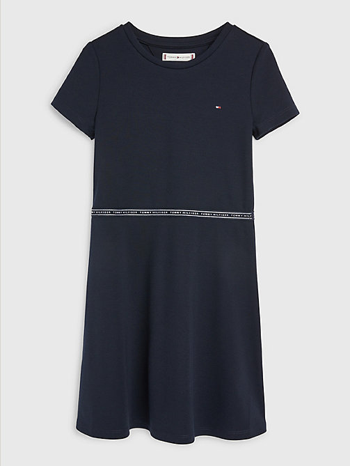 blauw fit and flare jurk met logotape voor girls - tommy hilfiger