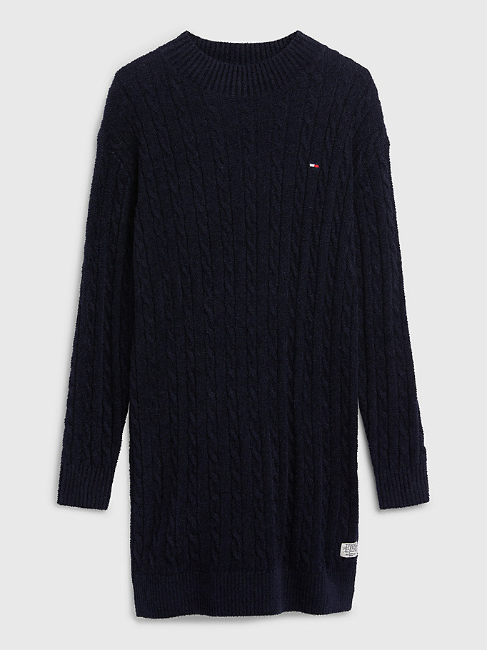 blue cable knit long sleeve jumper dress for girls tommy hilfiger