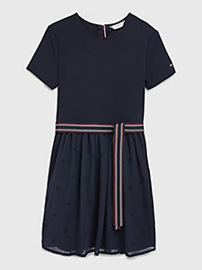 blue th monogram embroidery fit and flare dress for girls tommy hilfiger