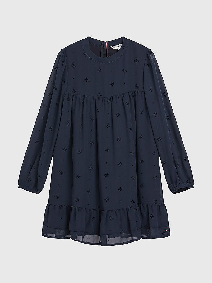 blue th monogram flocked fit and flare dress for girls tommy hilfiger