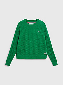 groen kabelgebreide trui van biologisch katoen voor meisjes - tommy hilfiger