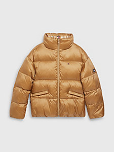 khaki boxy shiny puffer jacket for girls tommy hilfiger