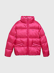 pink boxy shiny puffer jacket for girls tommy hilfiger