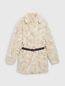 yellow th monogram belted faux fur jacket for girls tommy hilfiger