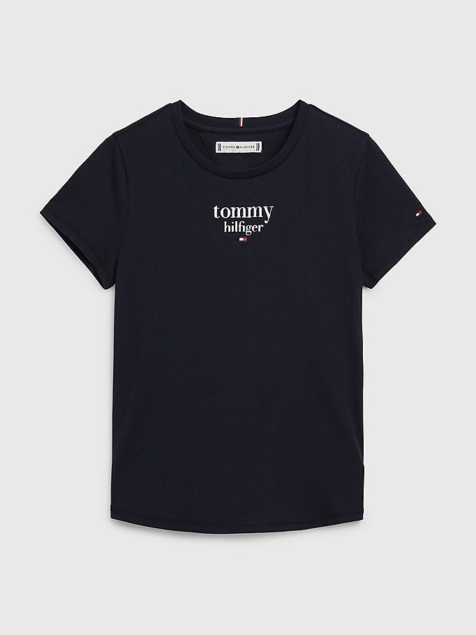 blue organic cotton serif logo t-shirt for girls tommy hilfiger