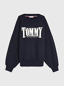 blue sateen logo brushed fleece sweatshirt for girls tommy hilfiger