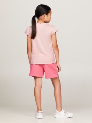 camiseta con corte slim y mangas con volante rosa de niñas tommy hilfiger