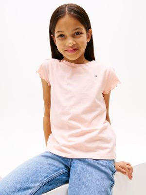 t-shirt slim fit con maniche arricciate rosa da bambine tommy hilfiger