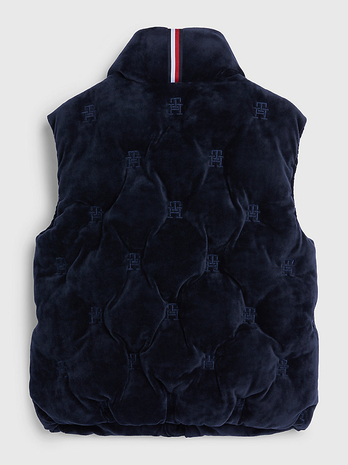 blue velvet quilted monogram zip-thru vest for girls tommy hilfiger