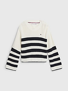biały sweter z okrągłym dekoltem we wzór w paski dla girls - tommy hilfiger