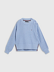 blue cable knit button shoulder jumper for girls tommy hilfiger