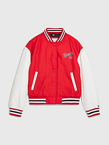 red colour-blocked padded bomber jacket for girls tommy hilfiger