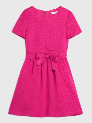 pink monogram jacquard sateen dress for girls tommy hilfiger