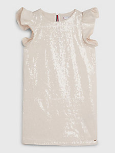 beige frilled sleeve sequinned dress for girls tommy hilfiger